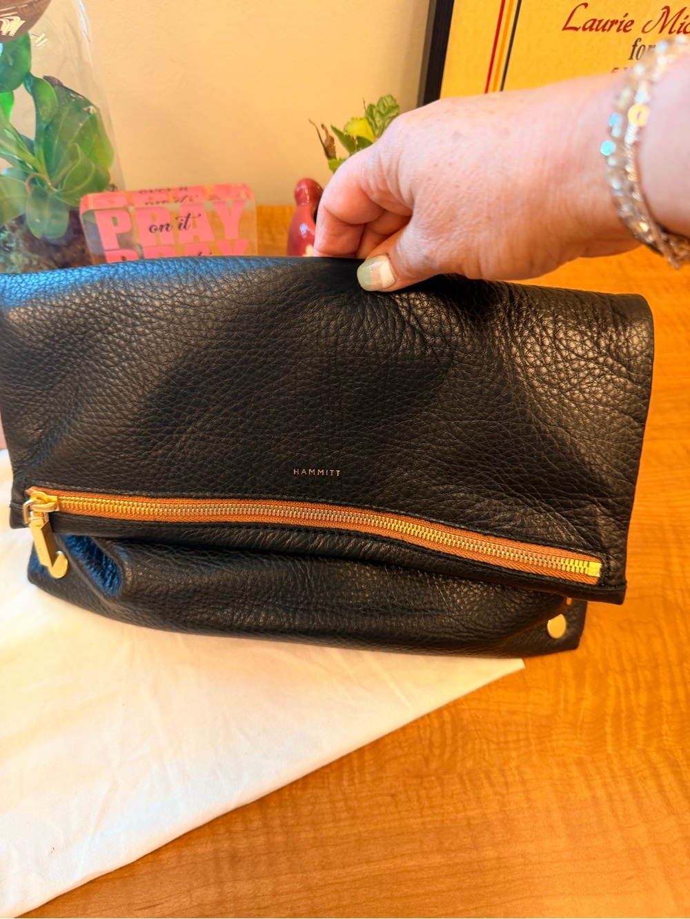 Hammitt Black Pebbled Leather Fold-Over Clutch or crossbody with Gold Zip